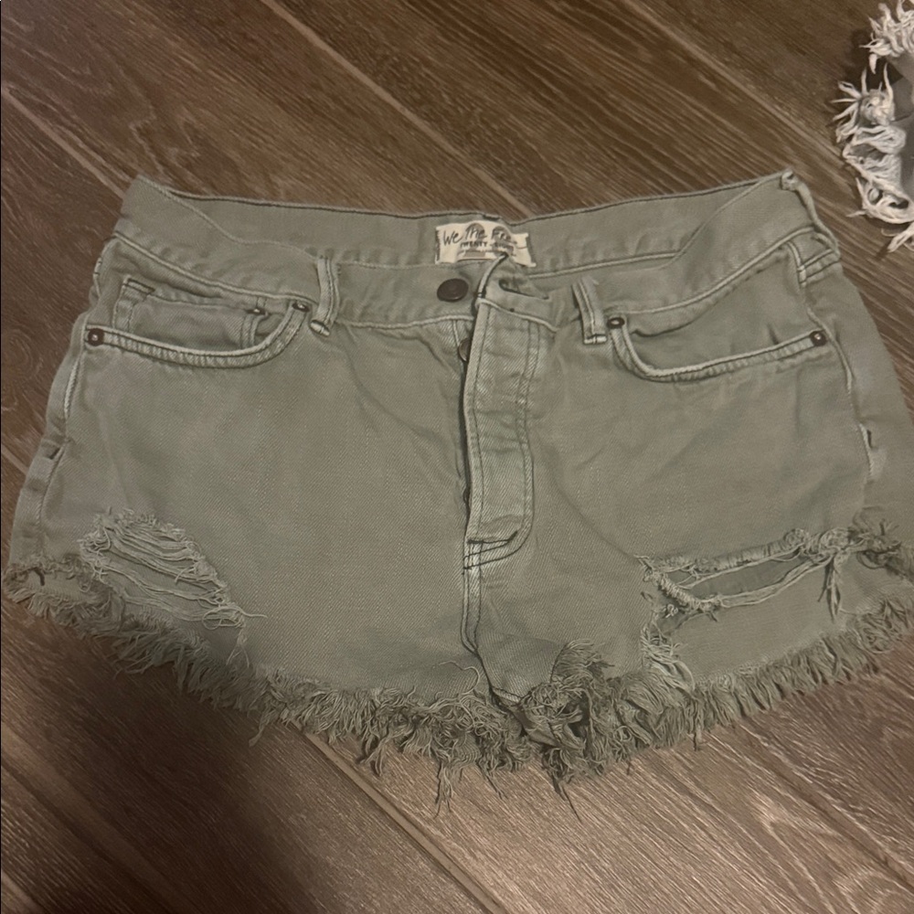 Free People Distressed Green Jean Shorts